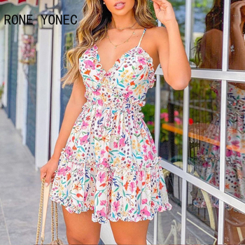 Women Spaghetti Strap Floral Print Frill Hem Dress Casual Mini Vacation Dress 2021 1