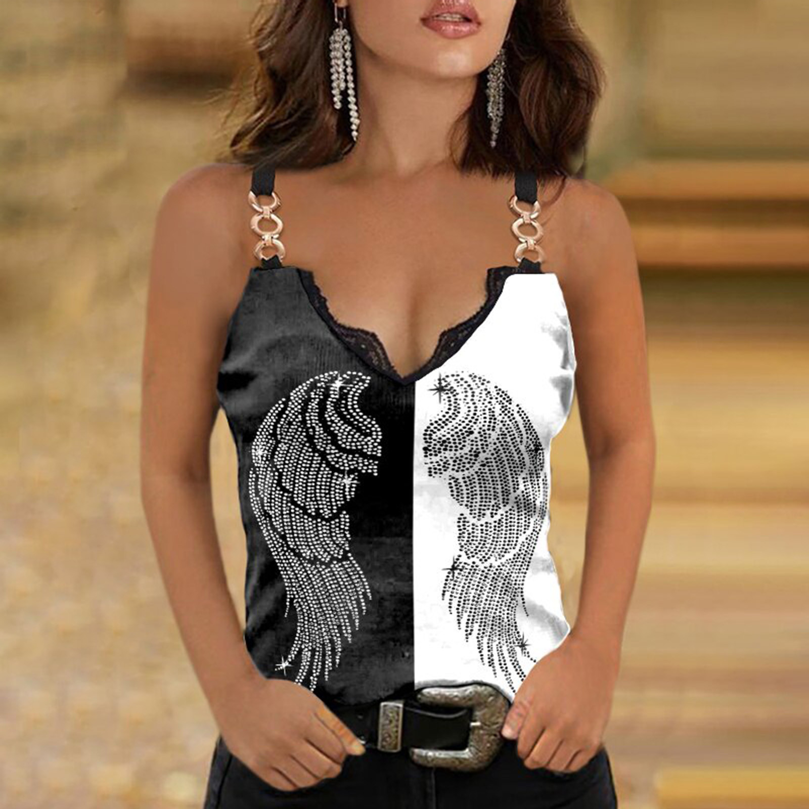 Women Tank Tops Wing Print Off Shoulder Metal Buckle Strap Summer T-shirt Sleeveless Patchwork Sexy Top Female Tees Tshirt Ropa 1
