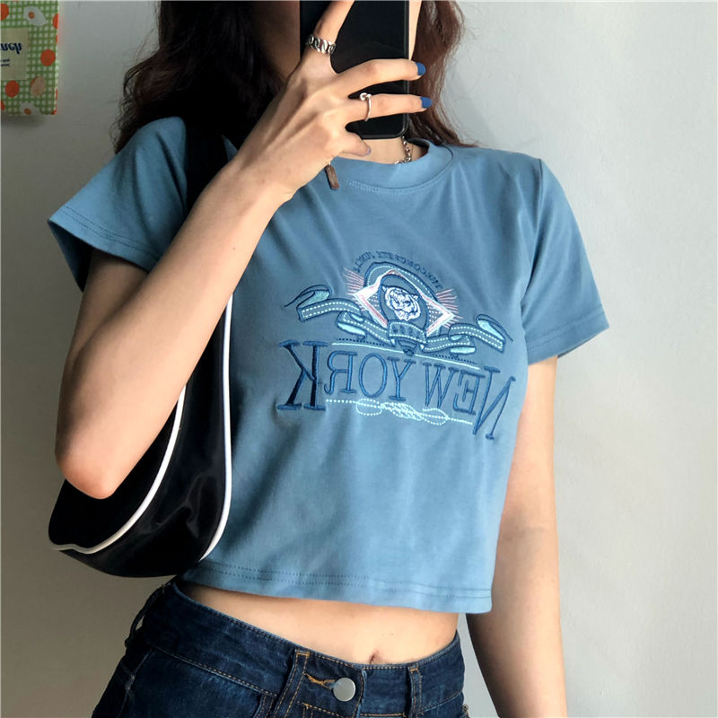Vintage Crop Top Short Sleeve Tees New York Letter Embroidery Tiger Pattern Skinny Fashion T-Shirt Summer 2021 Women's Clothing 1