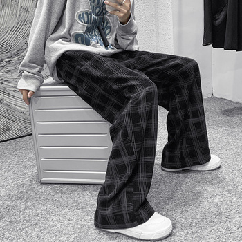 Privathinker High Waist Women's Corduroy Straight Pants Korean Black Plaid Wide Leg Pants 2022 Female Oversized Trousers 5XL 1