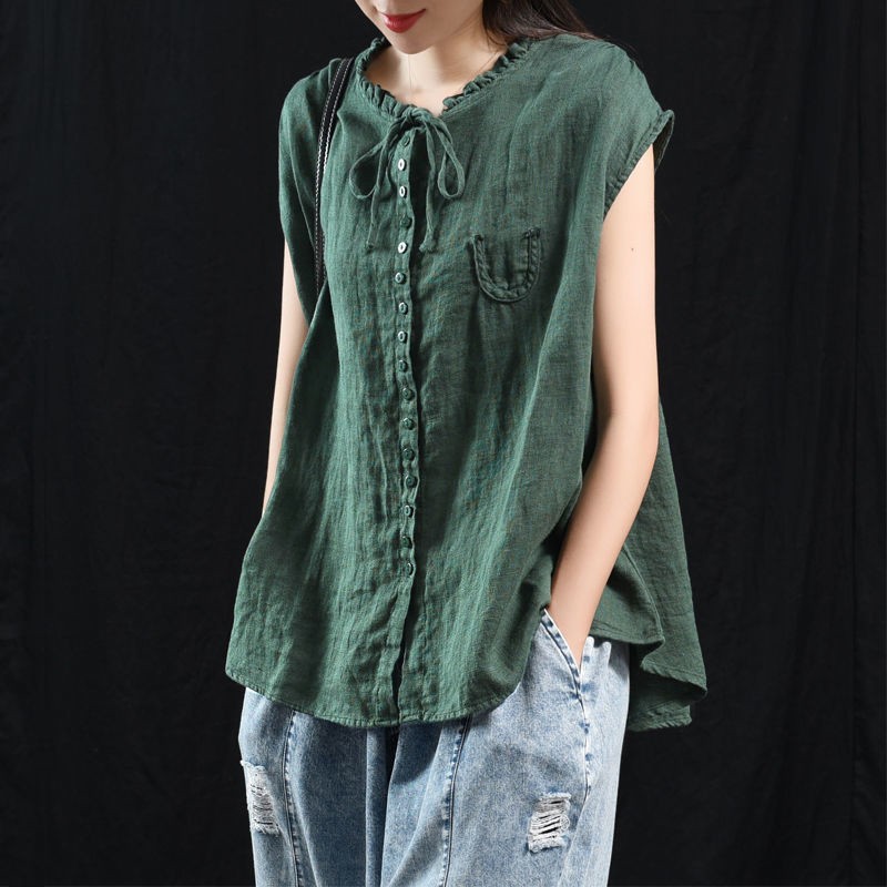 Cotton Linen Women Tops New 2020 Summer Arts Style Vintage Solid Color Loose Casual Female Sleeveless Tank Vest P1339 1