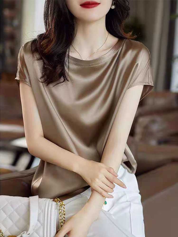 Silk Thin Short Sleeve Tees Korean Style Slip Woman Summer Clothes Elegant Black Brown Tops Solid Loose Casual 4XL 1