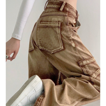 High waist brown womens loose tooling jeans 2021 winter fashion Y2K straight leg denim trousers retro loose high waist mom jeans 1