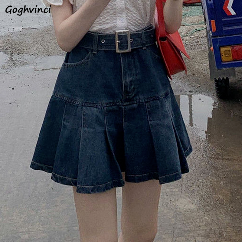 Pleated Skirts Women Denim High Waist Student Fashion Leisure All-match Summer Mini Holiday Solid Simple Korean Version Elegant 1