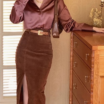 Hebe&Eos Vintage Women's Skirt With Side Slit Midi Skirts A-line Hight Waist Sashes Elegant Korean Fashion Corduroy Black Skirt 11