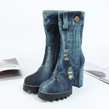 Women High Boots Chunky High Heel Denim Boots Ladies Platform Rubber Shoes Woman Punk Style Jean Botas Riding Boot 1