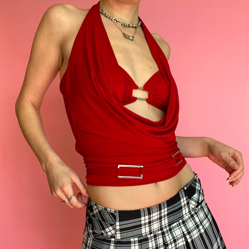 Hot Girl Red Mini Vest Sexy Chest Wrap Halter Crop Top Summer Sleeveless Backless Tank Top Women Club Streetwear y2k Clothes 1