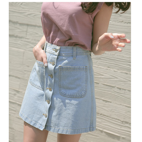 2018 Women's Single Breasted High Waist Denim Short Skirt Female Fashion Pockets Bust Skirt A-line Denim Slim Hip Skirt 2