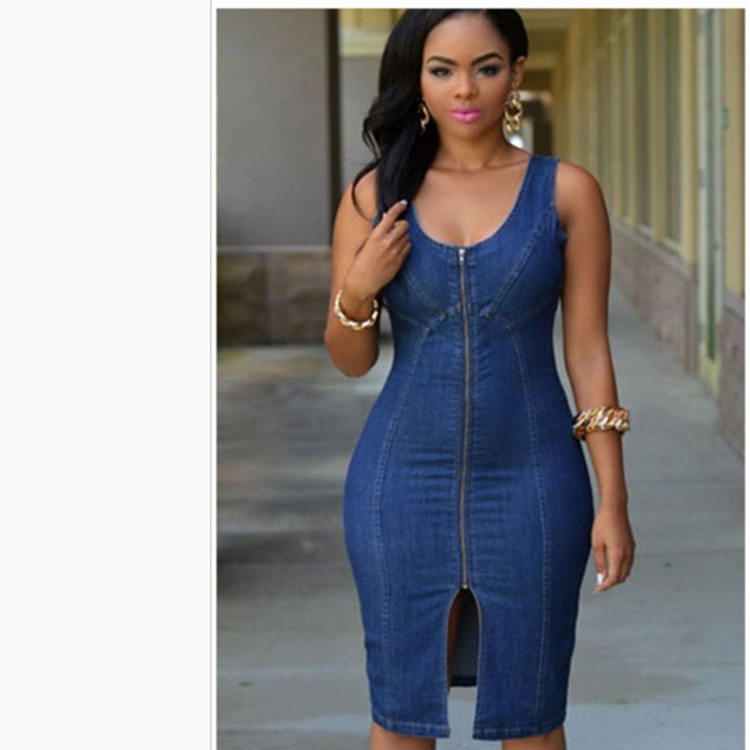 Women's Summer Sleeveless Denim Dress Slim Zipper Jeans Dress Fashion Casual Office Lady Clothing M-2XL 2020 New Arrival 2