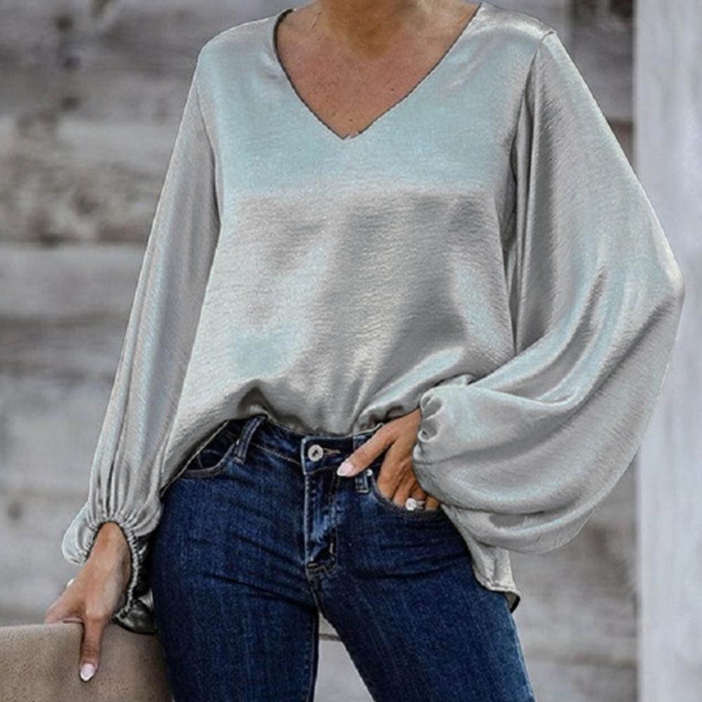 Women Vintage Blue Grey Deep V-neck Sexy Blouse Lady Smooth Light Cool Satin Blouse Shirt Solid Lantern Sleeve Elegant Tops 1