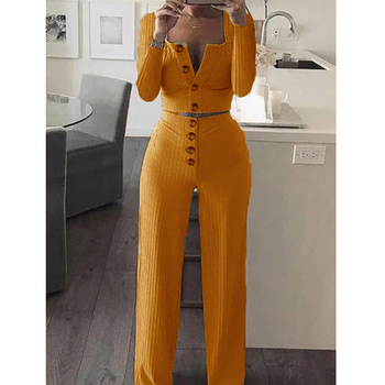 Sexy Outfits Costume Female 2020 Spring Autumn Tracksuit Women Button Crop Top Drawstring Long Pants Two Piece Set 4