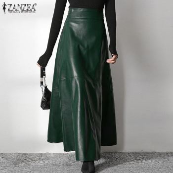 ZANZEA Women's Skirts Zipper PU Fashion High Waist A-line Skirt Office Ladies 2022 Spring Casual Solid Bottom Femme Oversize 1