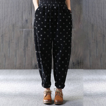 EaseHut Polka Dot Print Winter Velvet Long Pants Women Vintage Fashion Casual Elastic High Waist Pants Spring Harem Trousers 1