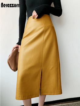 Nerazzurri Midi skirts below knee 2021 Yellow black soft leather skirt women zipper Long straight skirts for women high waist 1