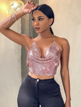 SRUBY Sexy Party Metal Metallic Crop Top Women corset Beach Halter Corset Tops Glitter Night Club Tank Top Clothes Top christmas 1