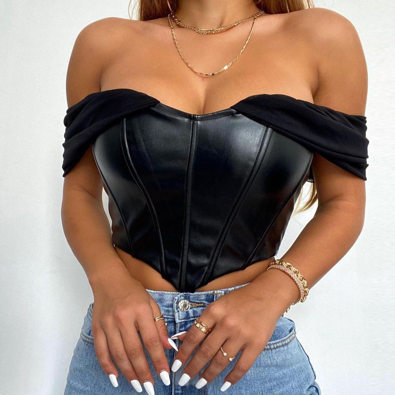Women PU Leather Tank Tops Sexy Mesh Yarn Suspender Strap Crop Top Solid Color Vest Summer Back Zipper Off Shoulder Tanks 3