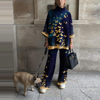 Female Vintage Printed Two Piece Set Elegant Women Pullover Tops Long Pants Suit Autumn Streetwear Loose Trousers Matching Set 5