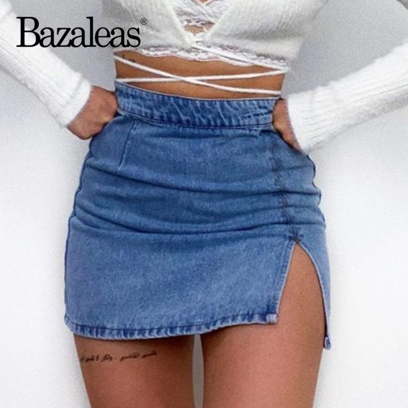 Bazaleas Streetwear Blue Denim Women Aline Skirt Saia Sexy Split Mini Skirt Harajuku High Waist Short Skirt 1
