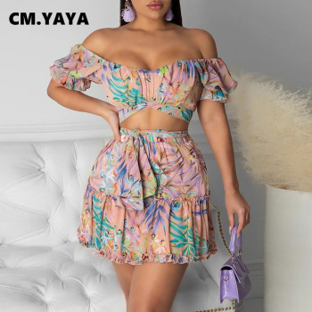 CM.YAYA Foral Beach Bohemian Women's Tracksuit Mini Pleated Skirts Set with Crop Tops Matching Two 2 Piece Set Active Sweatsuit 1