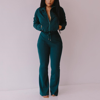 Women Autumn Zipper Two Piece Set Long Sleeves Top And Flares Pants Set Female Solid Running Women's Tracksuit Ladies Sportwear 1