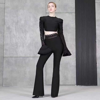 Free Shipping 2022 Winter Style Sexy Long Sleeve Flare Black White Two Pieces Bandage Set Celebrity Designer Fashion Party Sets 3