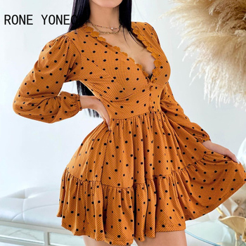 Women Chic Polka Dot Deep V Neck Long Sleeves A Line Button Floral Three Dimensional Decoration Mini Dress 1