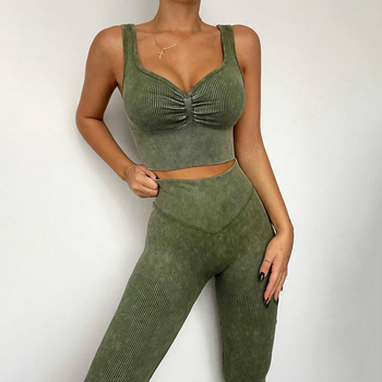 Army Green Pants Set Ribbed Washed Seamless Yoga Set Crop Top Women Shirt Leggings Two Piece Outfit Workout Fitness Wear Gym Suit Sport Sets Clothes 2