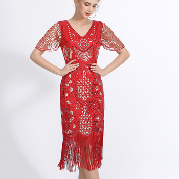 Women's Sequin Beaded Art Deco Flapper Dresses 20s Great Gatsby Party Fringe Dress V-Neck Petal Sleeve Embroidery Midi Dress 1