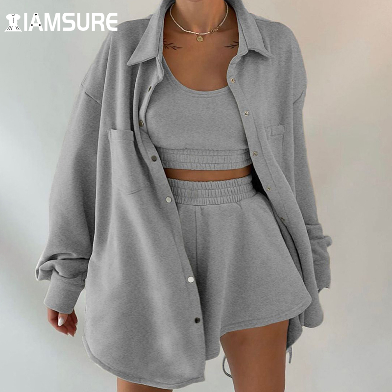 IAMSURE Casual Sporty Activewear Sweat Set Women Outfits Tracksuits 3 Pieces Sets Long Cardigan Croped Tanks High Waist Pants 1