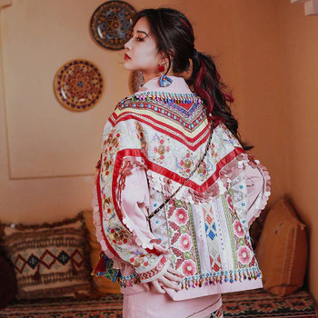 Spring Autumn Women Fall 2020 Sweet Casual Loose Luxury Embroidery Handmade Beading Sequins Tassel Pink Denim Short Jacket Coat 1