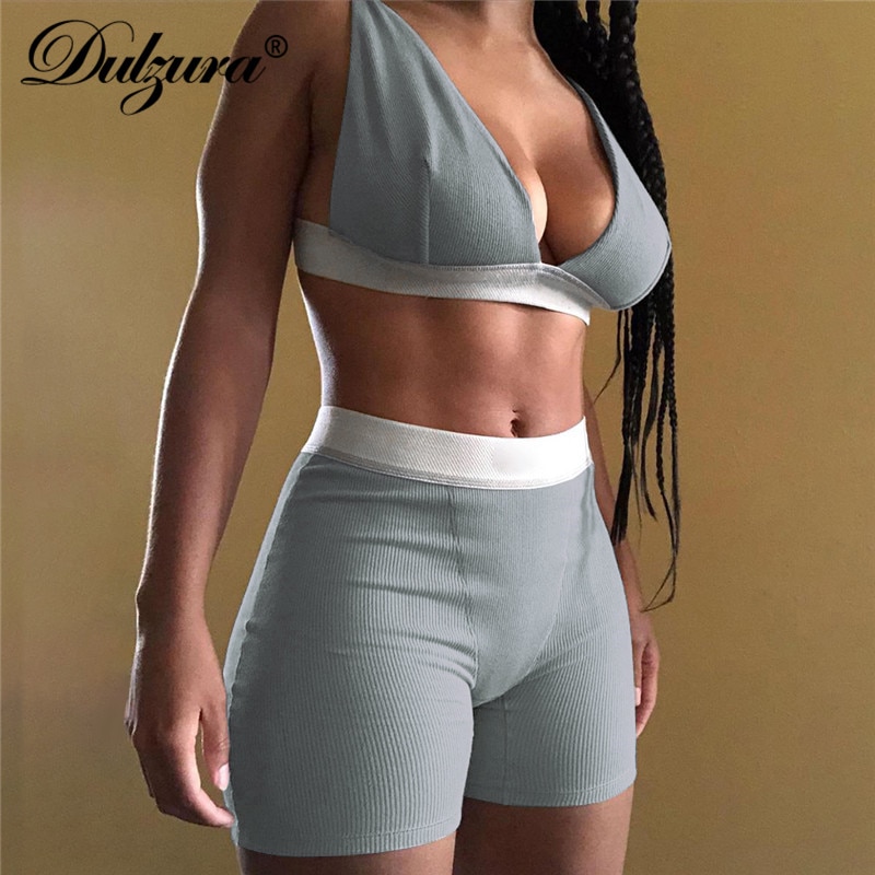 Dulzura Ribbed Patchwork Women Two Piece Set Bra Crop Top Biker Shorts Suits Bodycon Sexy Streetwear Matching Sporty Tracksuit 1
