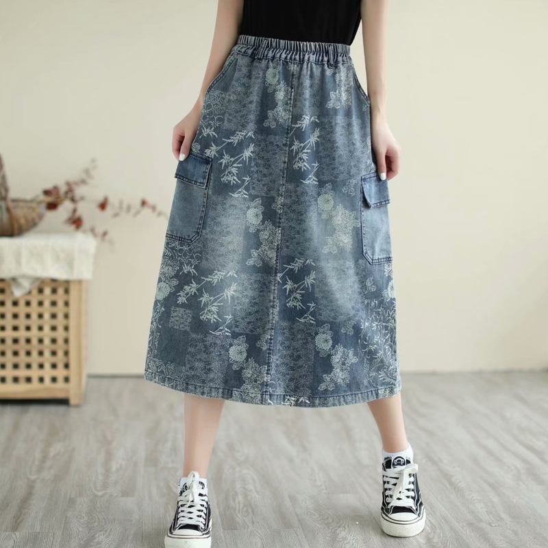 Max LuLu British 2021 Summer New Fashion Women Denim Printed Skirts Ladies Elastic Loose Skirt Female Casual Vintage Clothing 2