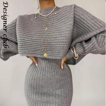 Two-piece Dress Sets Winter Women Knitted Dress Set Fleece Tracksuits Autumn Sweater And Tank Dress Elegant Outfit 1
