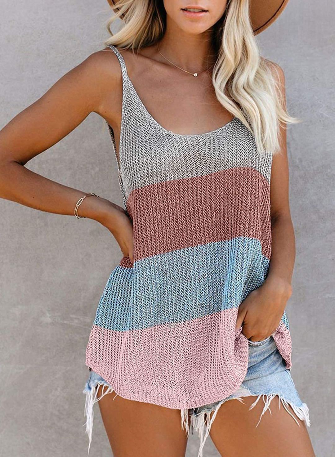 Sexy Knitted Tops for Women Loose Camis Patchwork Streetwear Women Cothing Fashion Tops Sleeveless T Shirt Summer Beachwear Vest 2