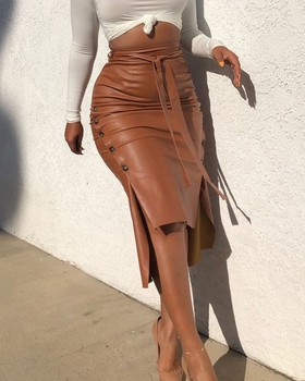Women Trendy PU Leather Midi Skirt Solid Color High Waist Lace-up Side Button Slim Skinny Pencil Skirt for Ladies Streetwear 4