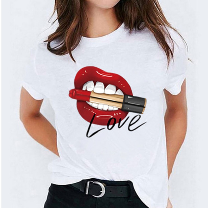 Zipper Red Lip T-Shirt Women Casual Short Sleeve Tshirts Vintage Creativity Harajuku Tops Women's Tee Funy Female T-shirt 2