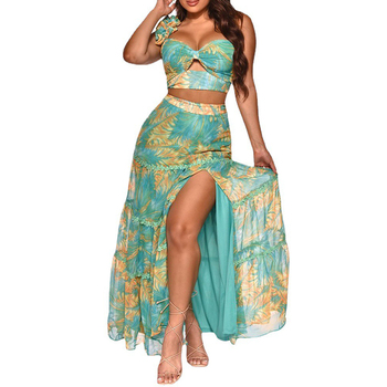 Summer 2021 Women Sexy Slim Two Piece Set Off Shoulder Split Floral Print Crop Tops And Long Skirt Suit Lady Elegant 2 Piece Set 5