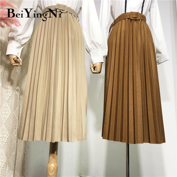 Beiyingni High Waist Women Skirt Casual Vintage Solid Belted Pleated Midi Skirts Lady 11 Colors Fashion Simple Saia Mujer Faldas 1
