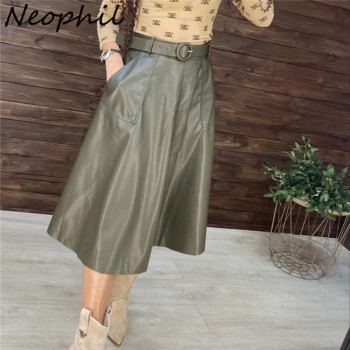 Neophil 2022 Winter Women Pu Faux Leather Pocket Midi Skirt Flare High Waist Solid Female Skater Belt Skirts Longa Saia S9109 1