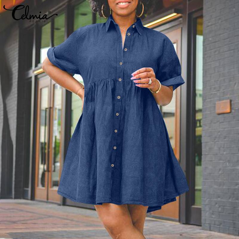 Celmia Elegant Solid Mini Dress Denim Vintage Buttons Lapel Shirt Vestidos 2022 Fashion Casual Women Short Sleeve Street Dresses 1