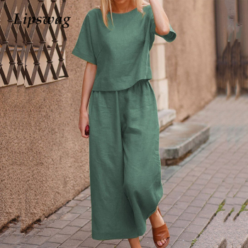 2021 Summer New Casual Women Two Piece Sets Cotton Linen O-Neck Tops And Straight Pants Outfits Fashion Solid Ladies Streetwear 1