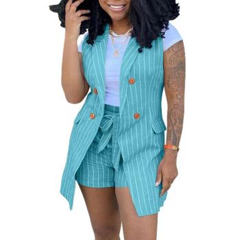 Two Piece Shorts Set New Summer Women Vest Suits Sleeveless Stripe Pattern Suits Vest Jacket Plus Size Women's Short Sets 1