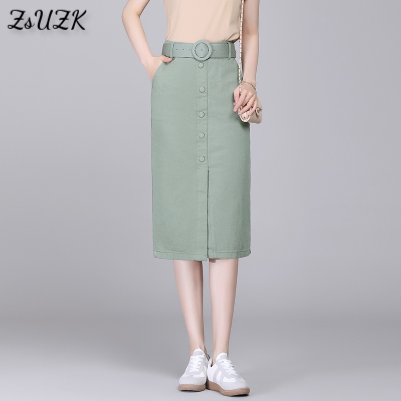 Lady Solid Pencil Skirt With Belt 2021 Spring Summer  High Waist  All Match Button Decorate Midi Office Lady Denim Skirt 4Colors 1