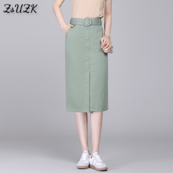 Lady Solid Pencil Skirt With Belt 2021 Spring Summer  High Waist  All Match Button Decorate Midi Office Lady Denim Skirt 4Colors 1