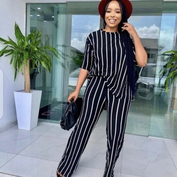 2021 New Women's Stripe Printed 2 Piece Sets Tracksuit Women Casual Plus Size Office Lady Tops and Wide Leg Pants Set For Women 1