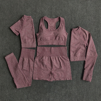 3 and 5PCS Seamless Women Yoga Set Workout Sportswear Gym Clothing Fitness Long Sleeve Crop Top High Waist Leggings Sports Suits 1