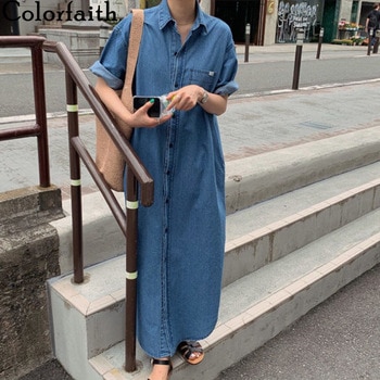Single Breasted Turn-down Collar Pockets Loose Long Dress  1