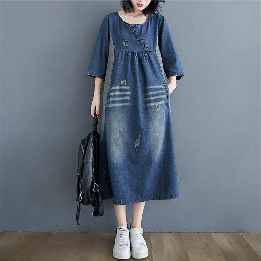 Spring Casual Loose Jeans Dress Women 3/4 Sleeve Vintage Washed Oversized Denim Dresses High Street Dress Vestido De Mujer 2021 1