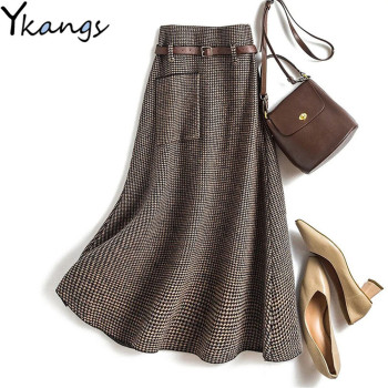 Office Ladies Vintage Houndstooth Wool Design A-Line Skirt Women 2021 Autumn Winter Wild Fashion Slim Casual Skirt Female Korean 1