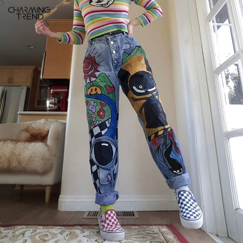 Women’s Cartoon Printed Jeans Atumn Winter Girls Harem Pant Trousers Single Breasted Pants Denim Female Hight Waist Denim Jean 1